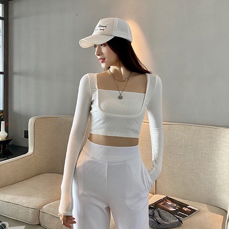 QADCOL Áo dệt kim tay dài cổ vuông giả hai lớp thời trang cho nữ