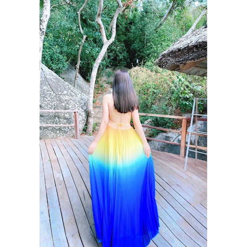 (miễn phí chỉnh váy) đầm maxi yếm dập li màu loang ombre cầu vồng nhiều màu đi biển du lịch chụp hình sống ảo | BigBuy360 - bigbuy360.vn