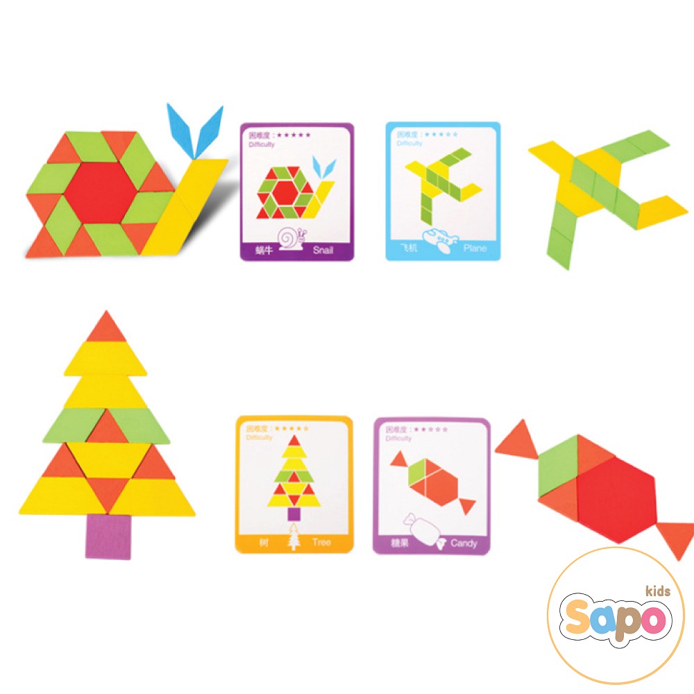Ghép hình Pattern Block Montessori 155 chi tiết cho bé sáng tạo nhiều màu bộ đồ chơi cho bé SAPO KIDS
