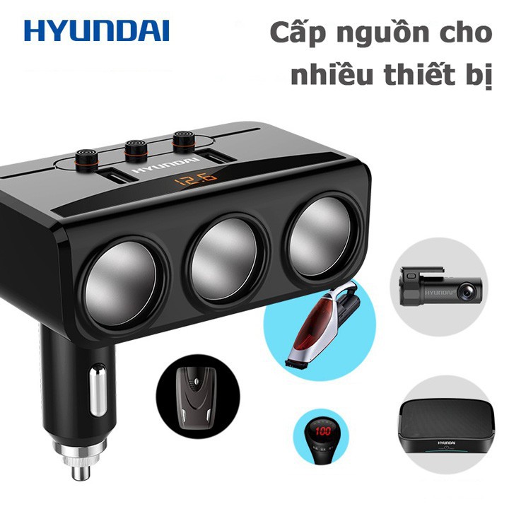 Bộ chia tẩu sạc ô tô 3 cổng đa năng Hyundai HY-29 kèm 2 cổng USB HY29