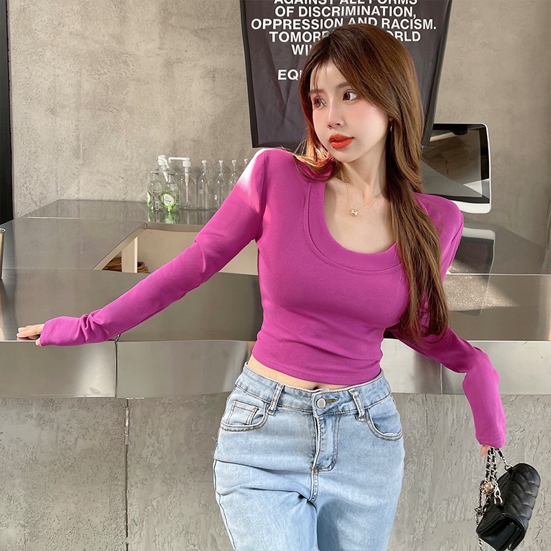 Áo Croptop Tay Dài Cổ Chữ U Màu Sắc