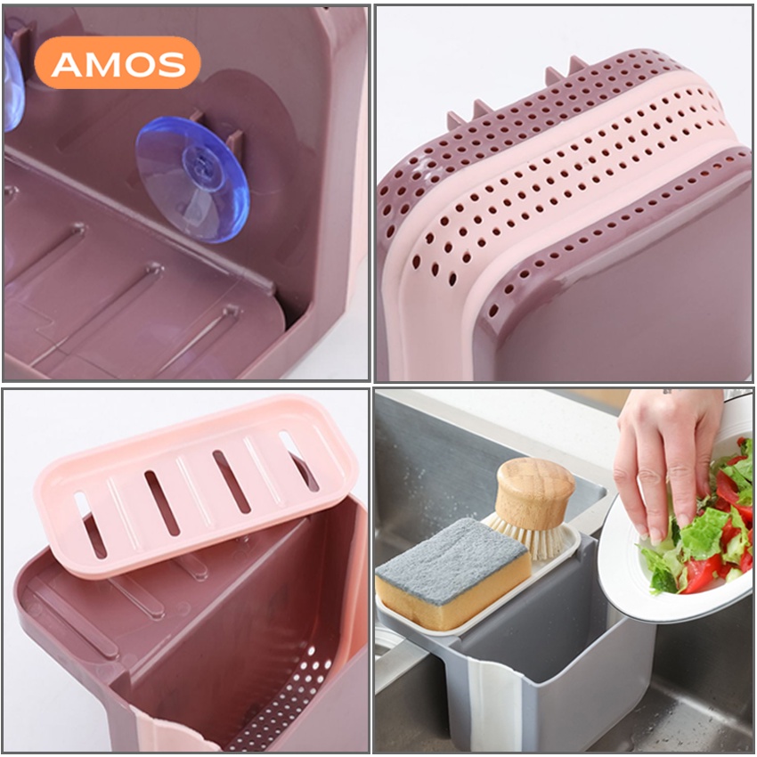 Giỏ lọc rác gấp gọn AMOS đựng đồ ăn thừa treo bồn rửa bát chất liệu PP TPR PVC cao cấp