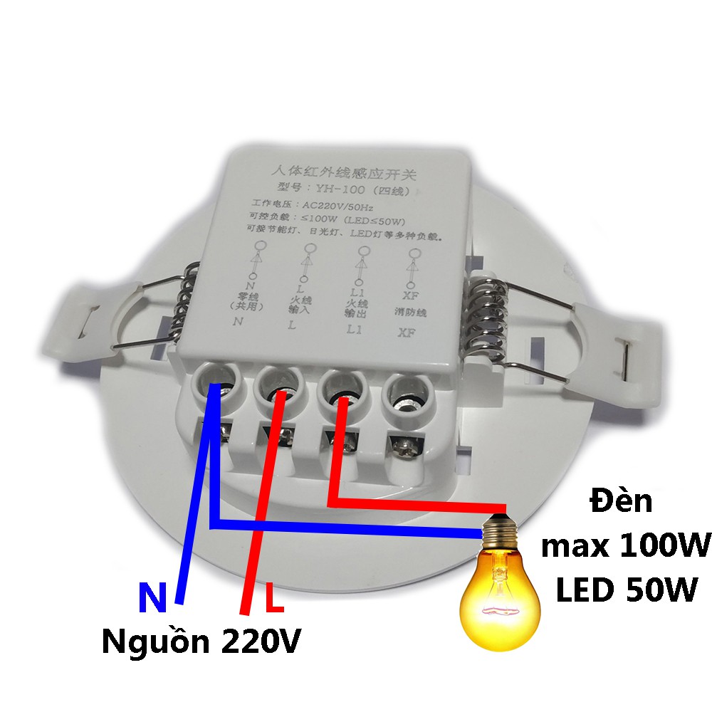 Công tắc cảm biến chuyển động hồng ngoại 220V 100W âm trần Downlight chỉnh độ nhạy và thời gian sáng