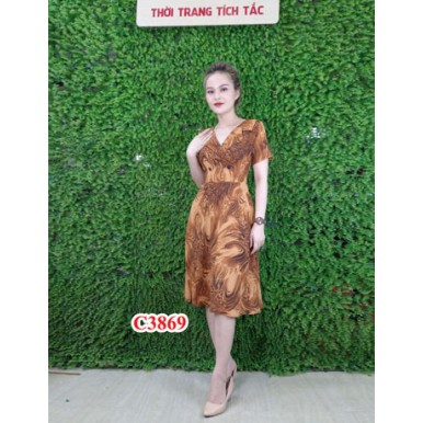 Đầm xòe cổ vest họa tiết rằn màu nâu A620