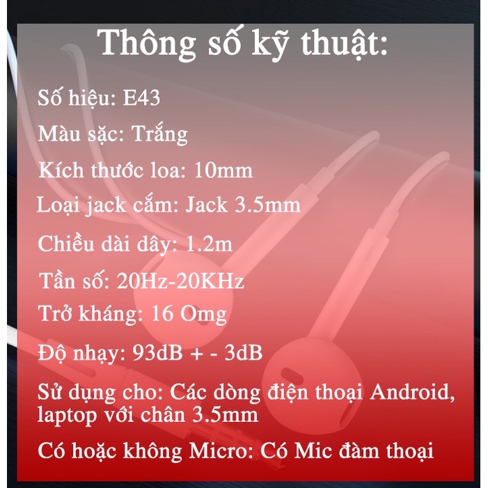 Tai nghe có dây Earldom E43 3.5mm có mic đàm thoại chính hãng