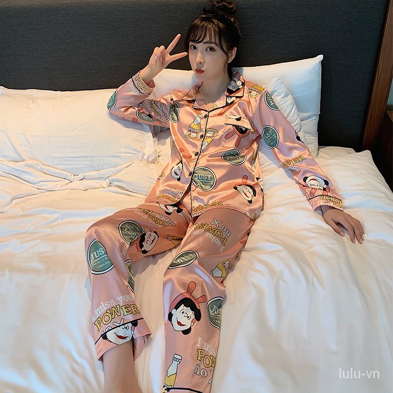 Set Pijama Áo Dài Tay + Quần Dài Chất Phi Bóng Cho Phái Nữ