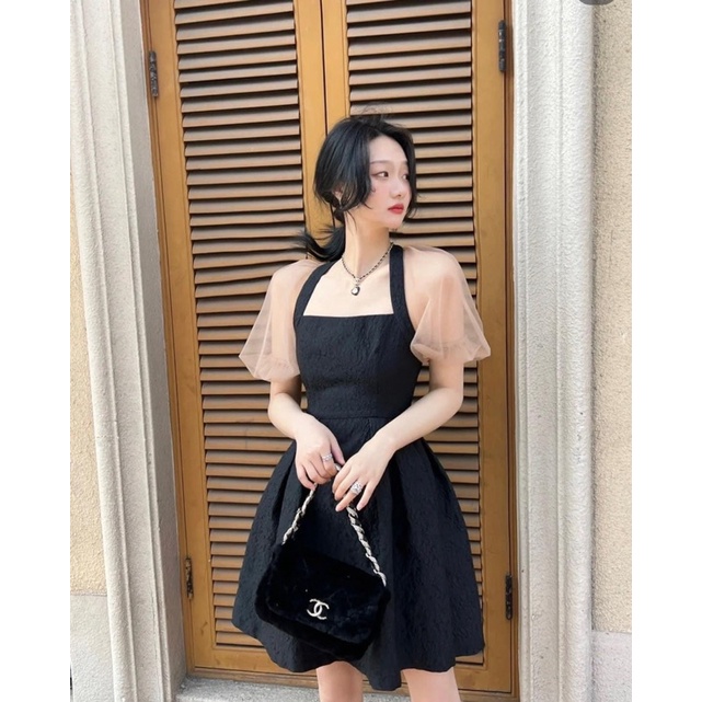Váy Gấm Đen Phối Tay Be Dáng Xoè Siêu Xinh Có Ảnh Thật