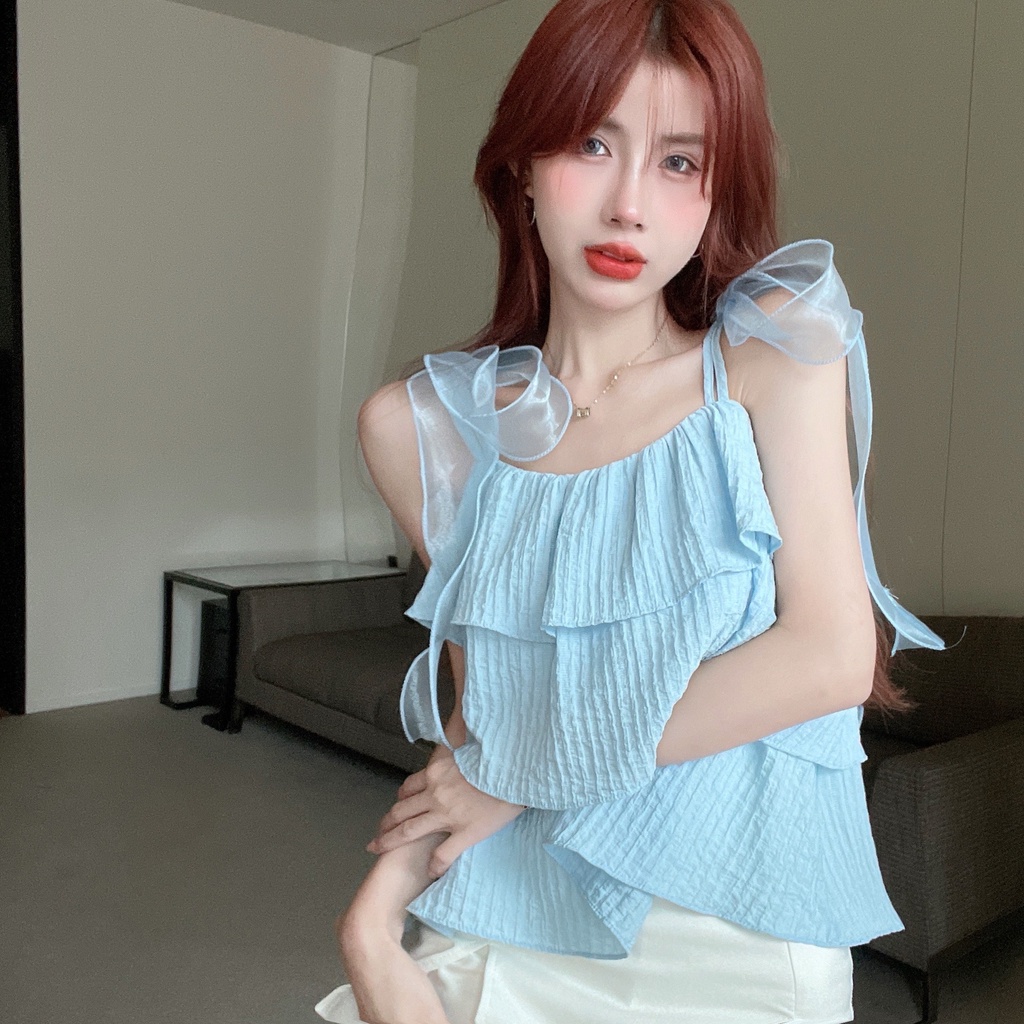 Áo Voan Hai Dây Phối Nơ Phong Cách Pháp Ngọt Ngào Thời Trang Mùa Hè Dành Cho Nữ