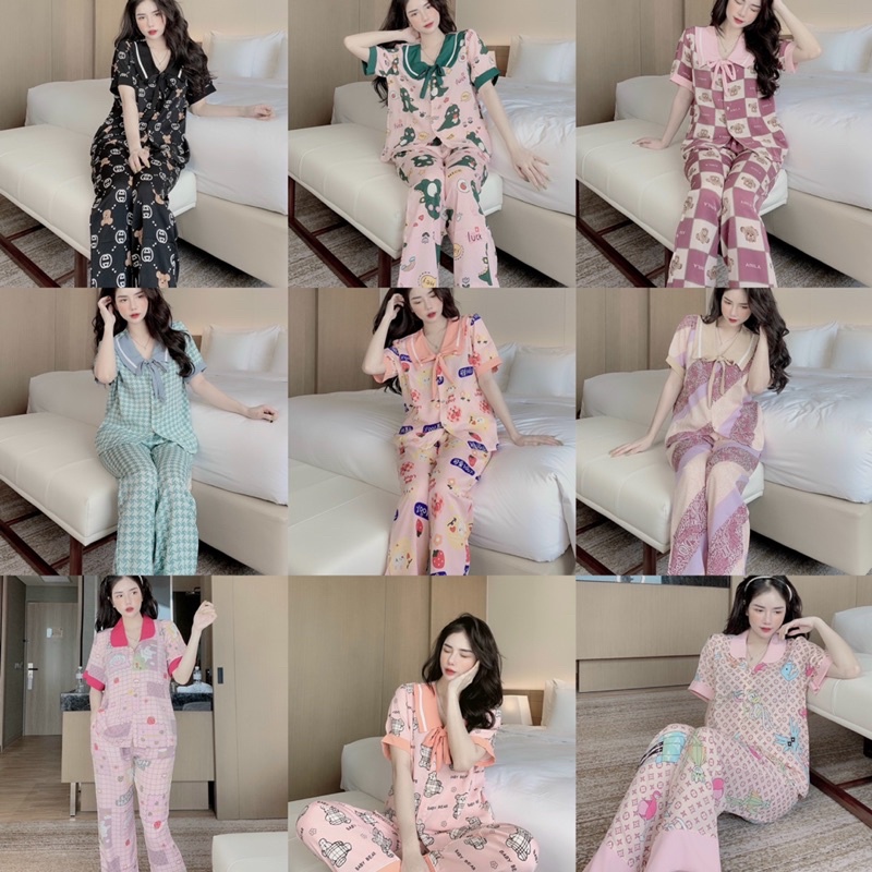 Đồ bộ nữ pijama lụa ngủ mặc nhà tiểu thư tay ngắn quần dài chất liệu mango