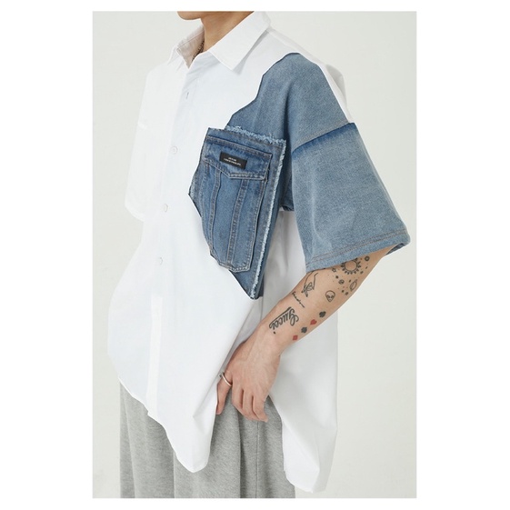 Áo sơ mi hàn quốc xẻ tà cho nam - tay lửng phối jean rách phong cách unisex