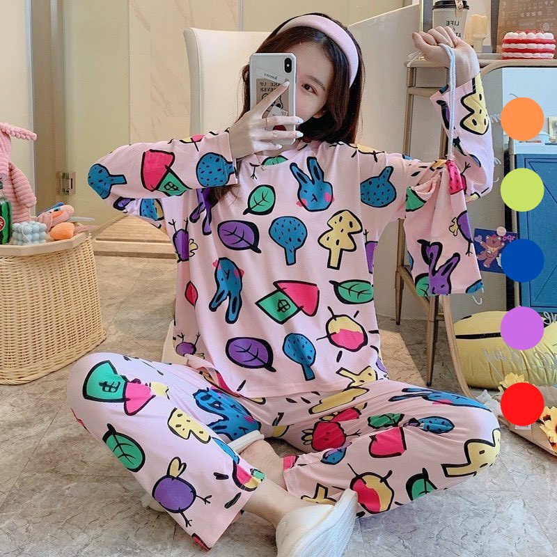 Bộ thun dài tay nữ nhiều họa tiết set bộ đồ ngủ quần  suông áo phông thu đông in hình bánh bèo pijama mặc nhà Ailee
