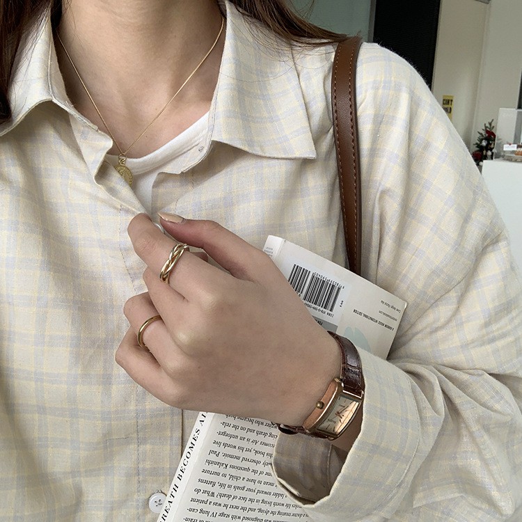 Áo sơ mi nữ dài tay kẻ sọc caro Cổ trụ Form rộng Ulzzang Hàn Quốc Áo sơ mi tay dài nữ Thời trang Cao cấp