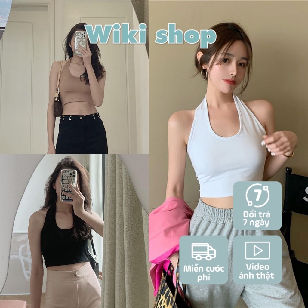 Áo thun croptop ba lỗ cổ yếm hở vai lộ eo đen trắng be Wikishop freesize phom ôm tôn dáng sexy hàn quốc C890