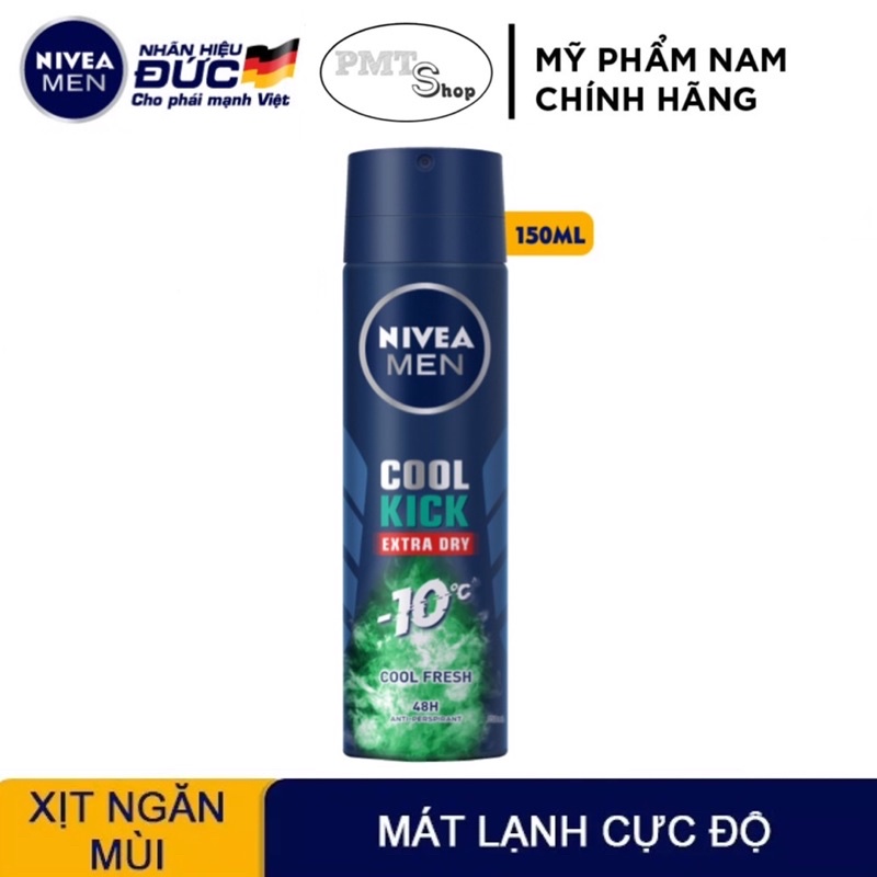 Combo 2 Xịt ngăn mùi NIVEA MEN Cool Kick Mát Lạnh - Cool Fresh Thơm sảng khoái 150ml x 2 chai