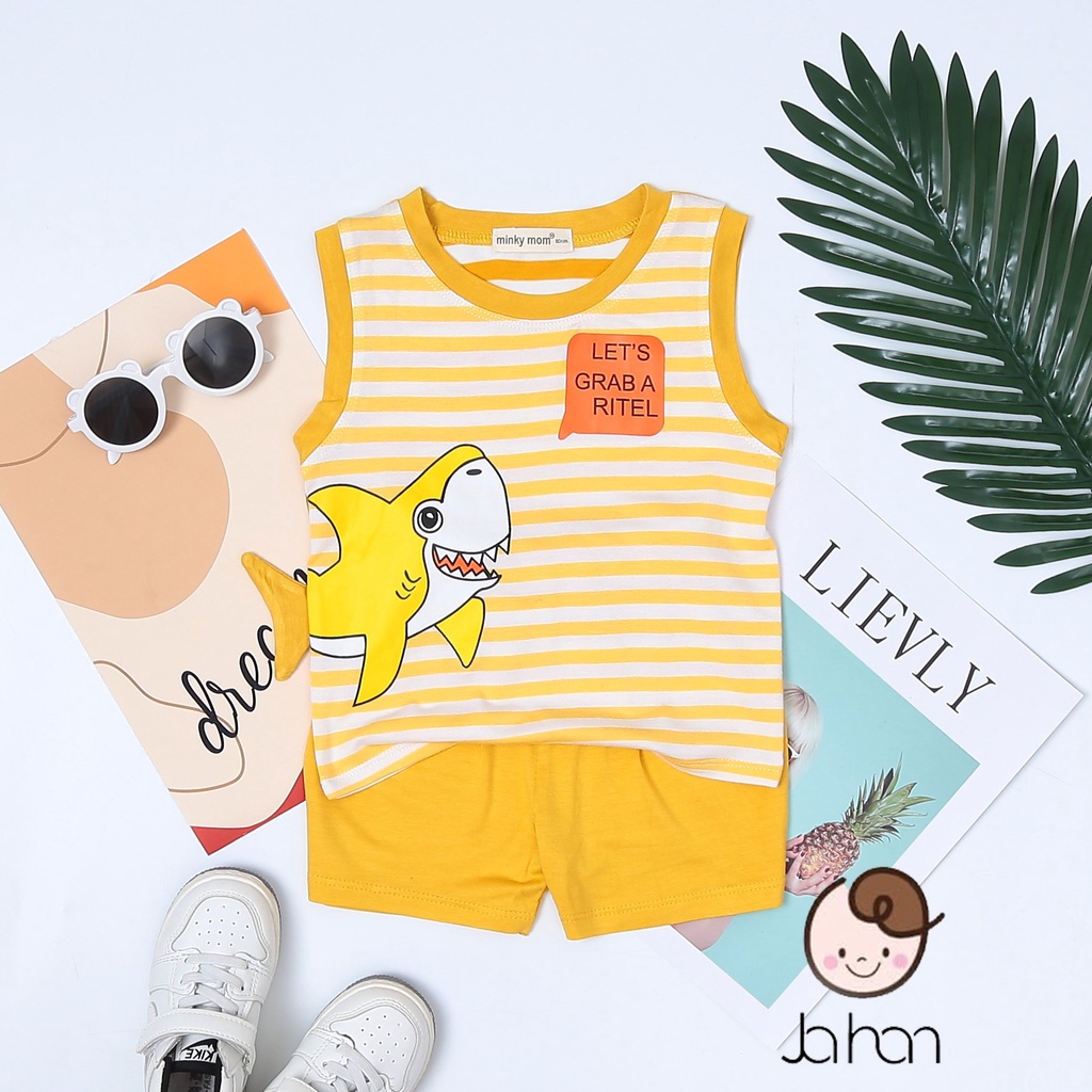 Bộ ba lỗ thun lạnh cao cấp ️in hình cá mập Minky Mom nhiều màu dành cho bé trai, bé gái