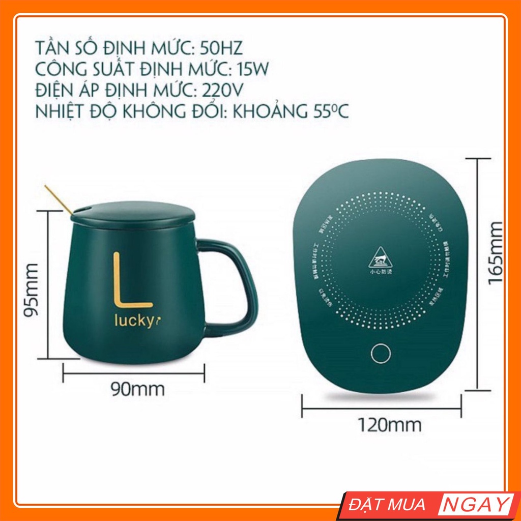 Cốc Hâm Nóng Đồ Uống Cà Phê Kèm Đế Điện Giữ Nhiệt Lucky Cao Cấp Trưng Yến Pha Trà Tặng Thìa Mạ Vàng