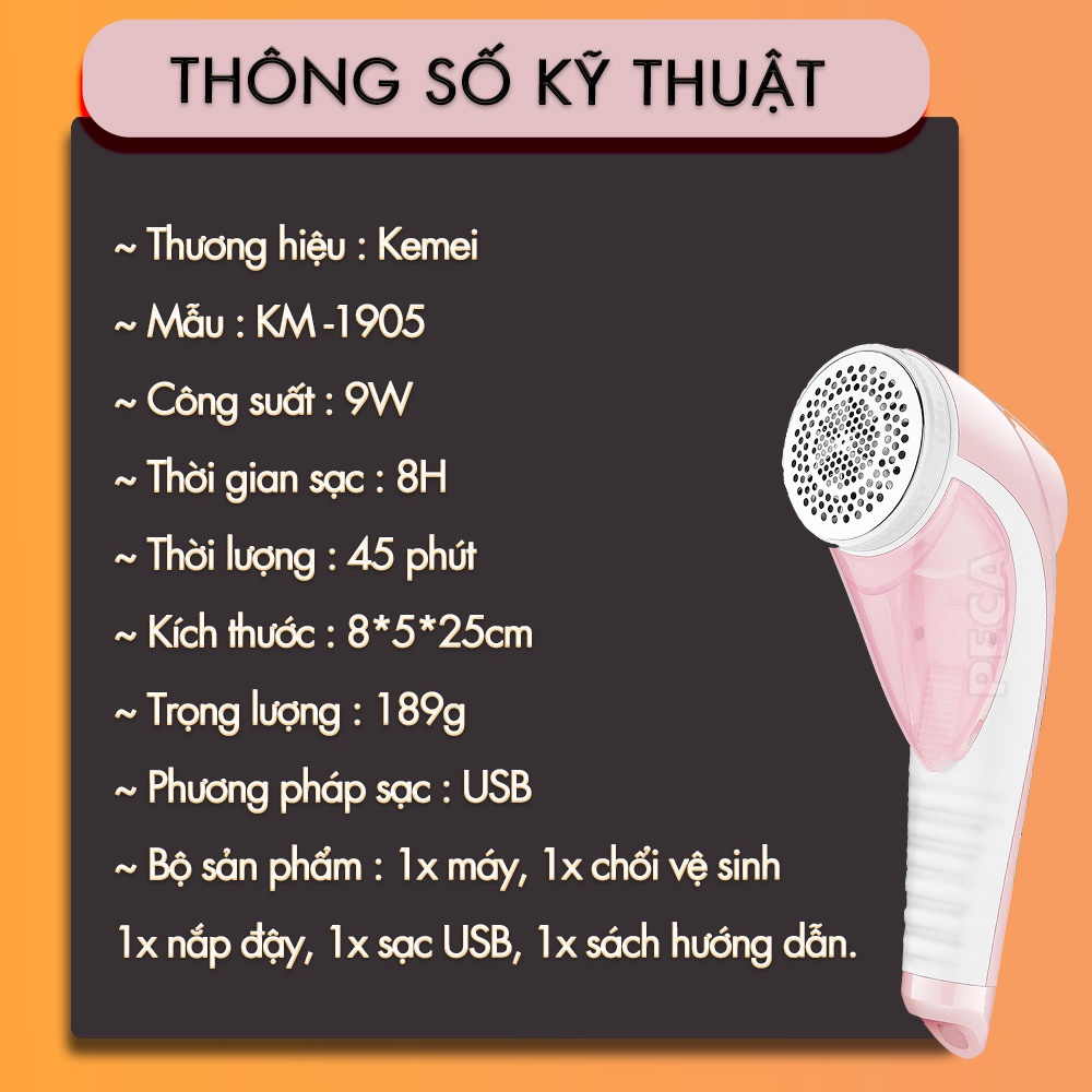 Máy cắt lông xù quần áo không dây Kemei KM-1905 không dây công suất 9W mạnh mẽ cắt lông xù vải nệm - Hàng chính hãng