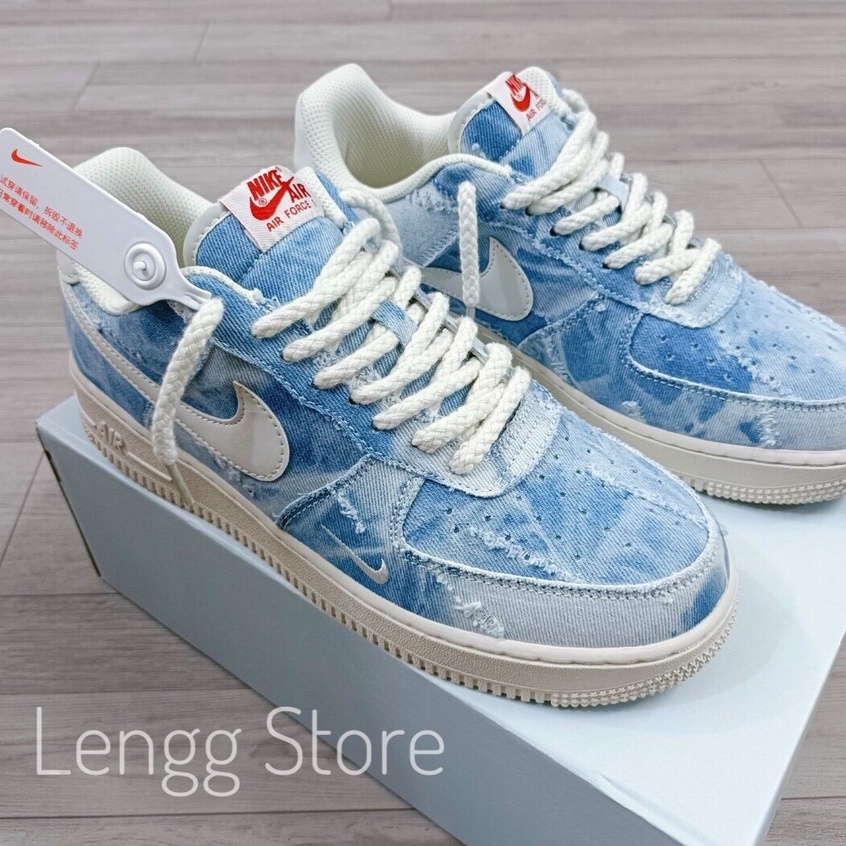 Giày thể thao AF1 Air Force One denim vải bò loang hàng SC, Giày thể thao dây thừng xanh.