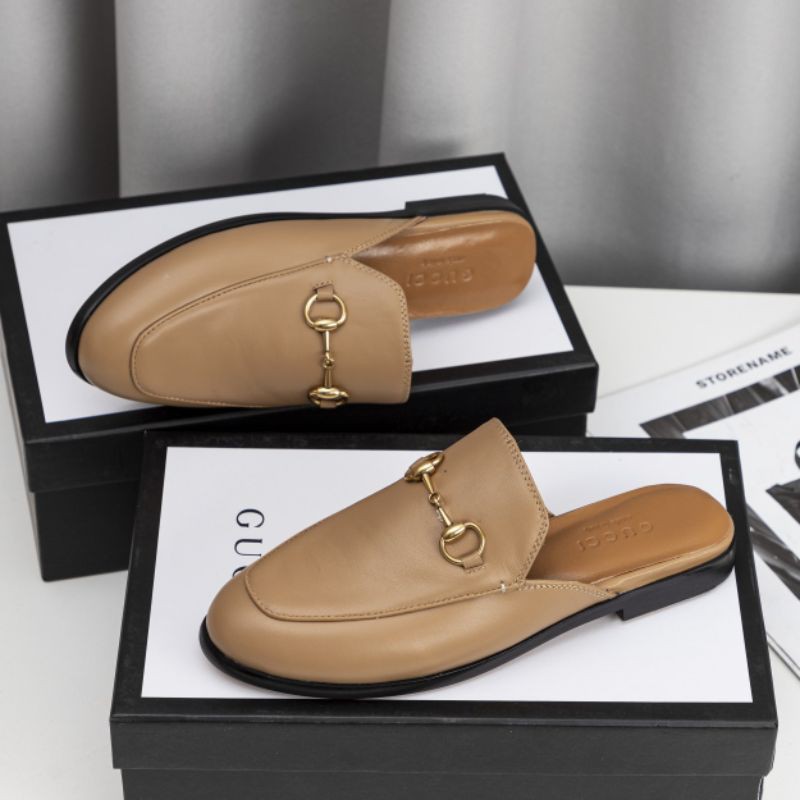 giày sục lười loafer nam nữ da thật mũi tròn quai ngang gắn xích Gucci GC