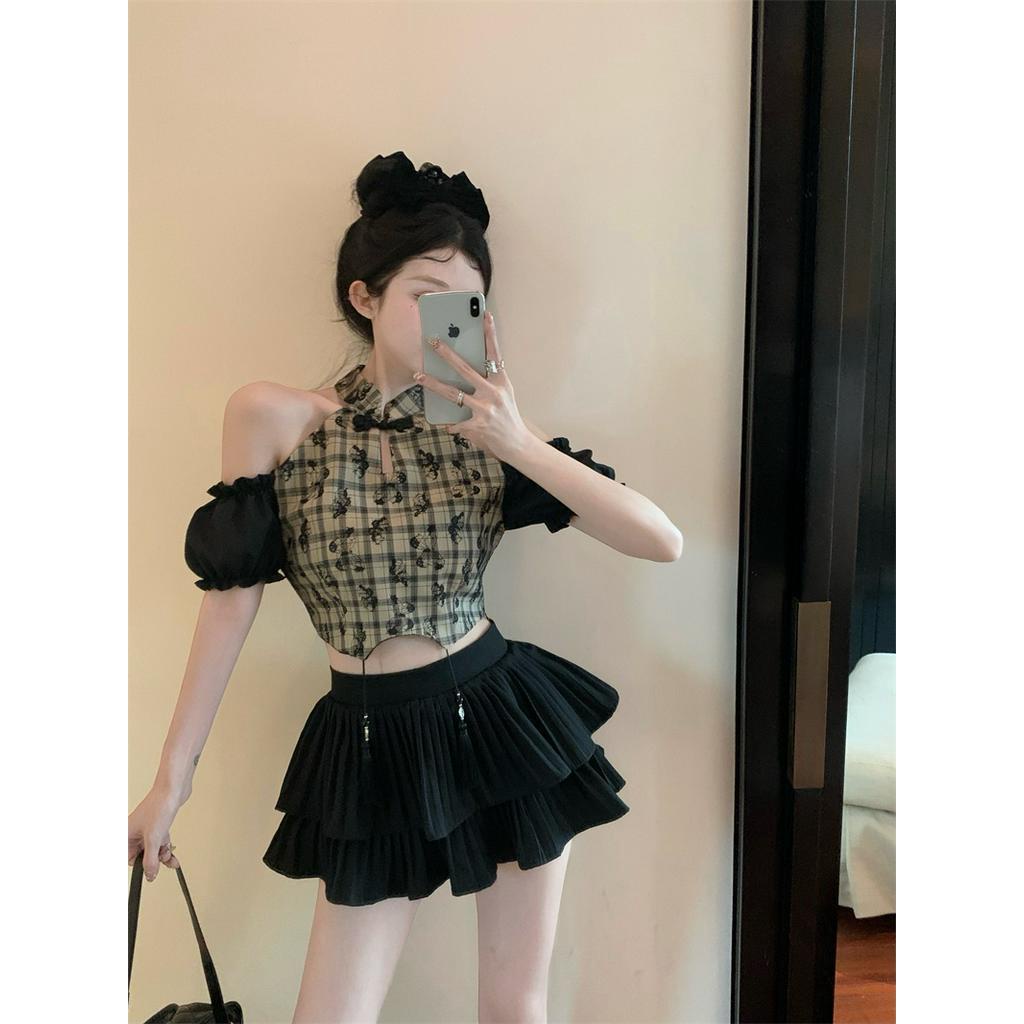 Áo Thun Ngắn Tay Cổ Đứng Họa Tiết Kẻ Ô vintage