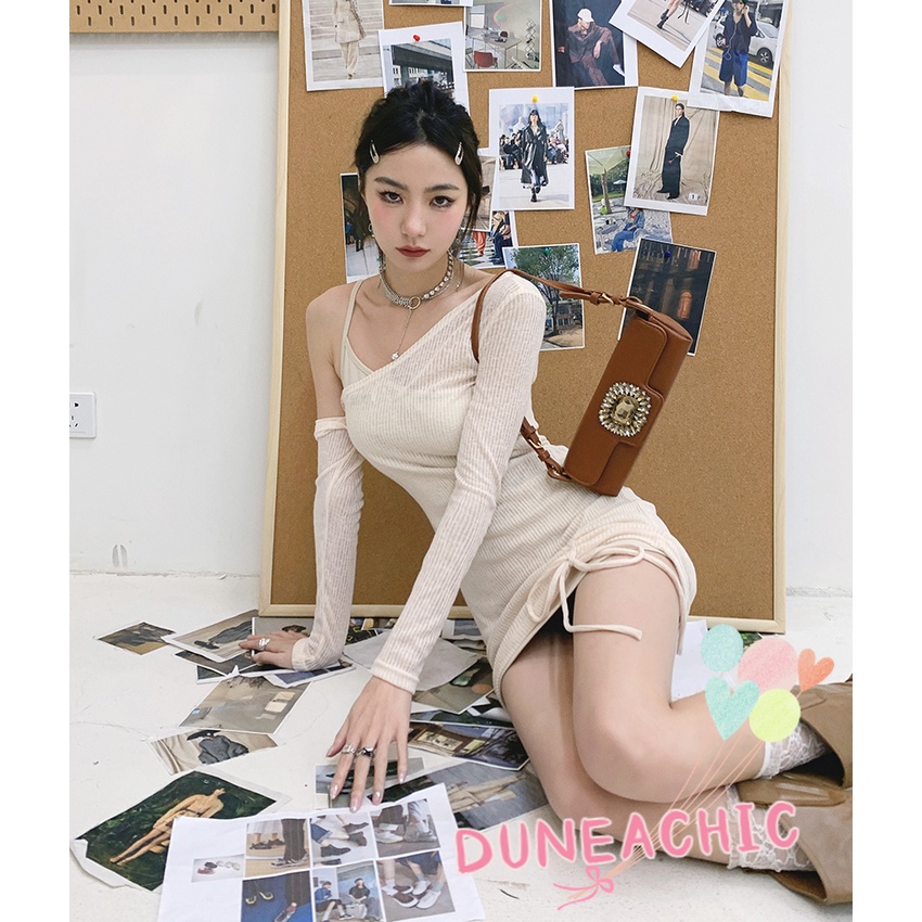 DUNEA Đầm Dài Tay Màu Trơn Thiết Kế Lệch Tà Thời Trang Đường Phố Cho Nữ