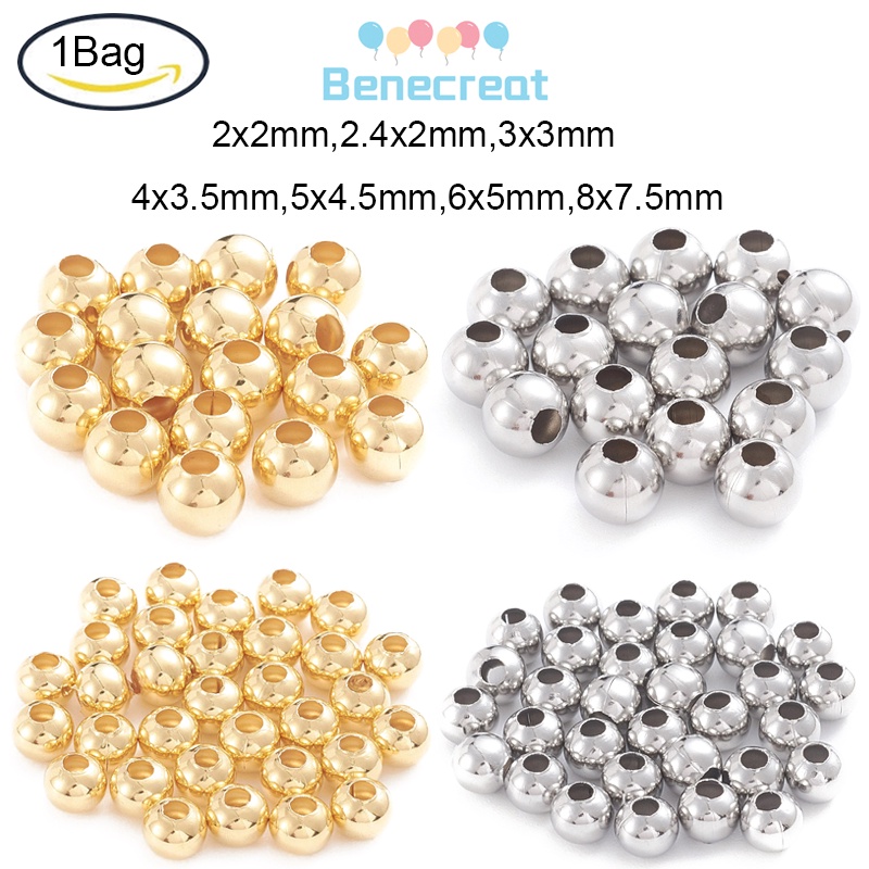 Bộ 200 ~ 500 hạt cườm BENECREAT hình tròn bằng thép không gỉ 304 2x2mm lỗ 0.8mm