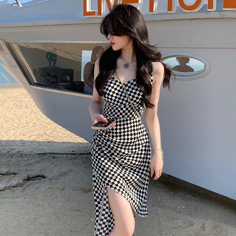 Đầm Hai Dây Dáng Ôm Họa Tiết Sọc Caro Phong Cách Hàn Quốc Thời Trang Mùa Hè Xinh Xắn Cho Nữ