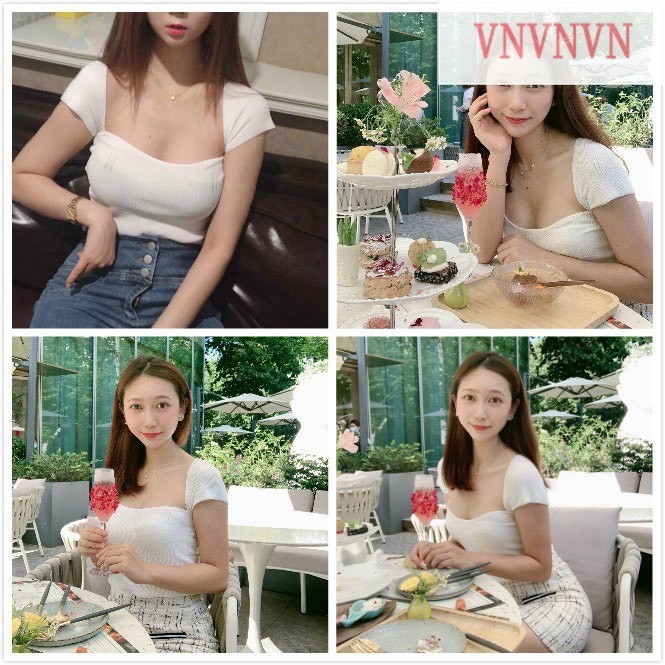 Áo thun gân cổ vuông xẻ ngực tay ngắn ôm body sexy