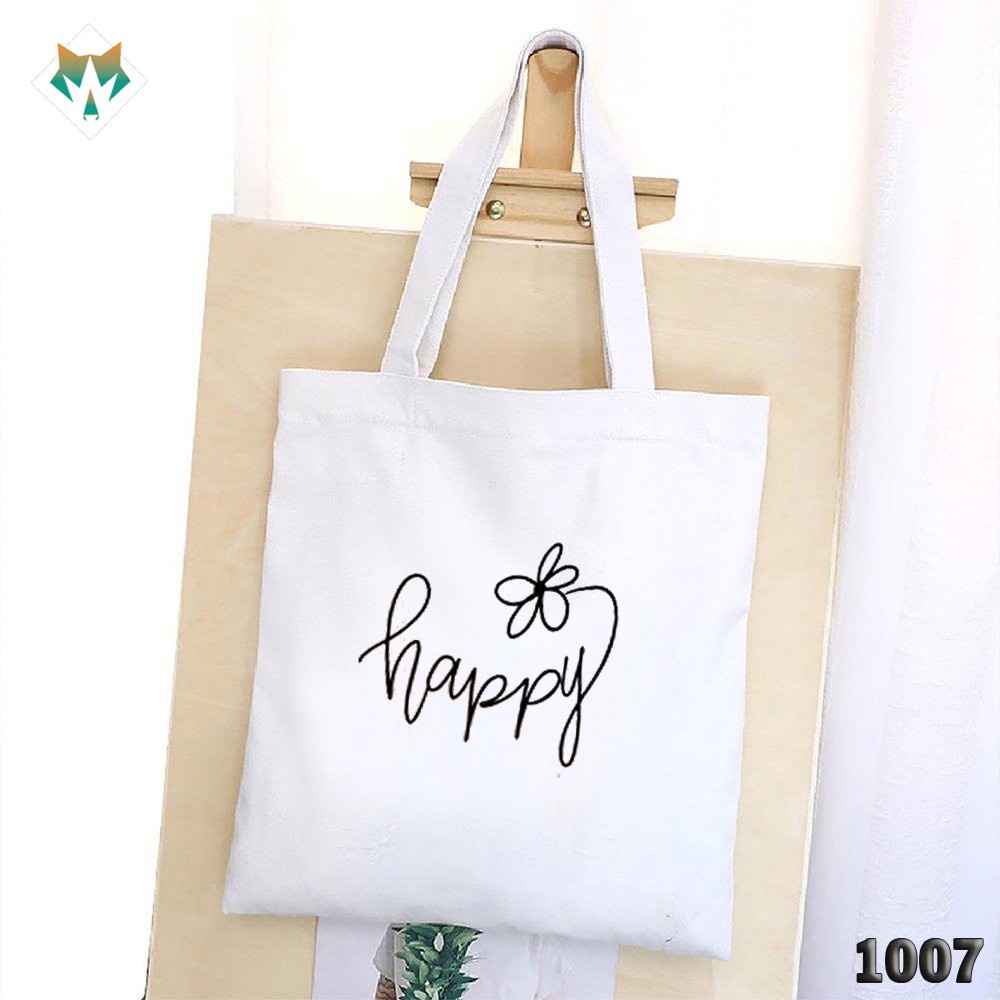 Túi Tote Trắng Chất Vải Canvas 1007 461 Happy Bông Hoa Hàng Chuẩn Đẹp - Hazo