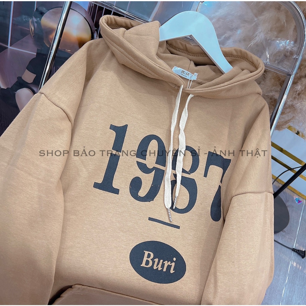 Áo Nỉ Hoodie 1987 Nâu Tây Form Rộng Unisex Kiểu Dáng Hàn Quốc Ulzzang