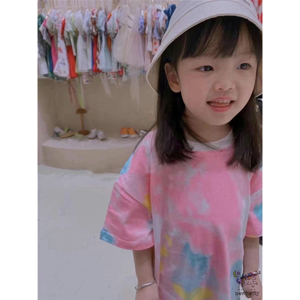 Áo Thun Tay Ngắn Họa Tiết Màu Nhuộm Phong Cách Hàn Quốc Cho Bé Gái