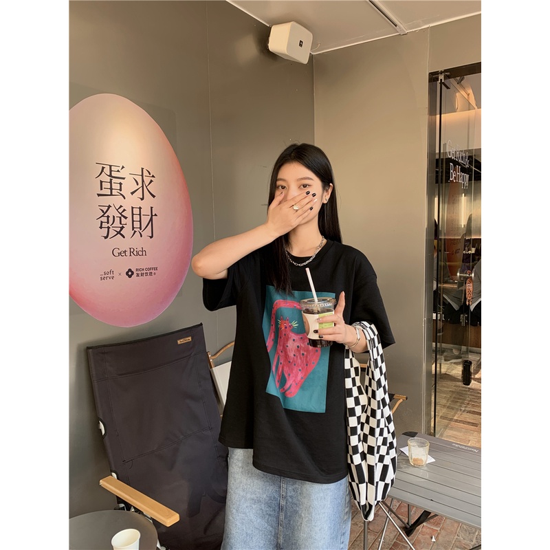 Áo Thun Cotton Tinh Khiết Tay Ngắn Dáng Rộng In Hình Báo Hồng 49896 Thời Trang Cho Nữ