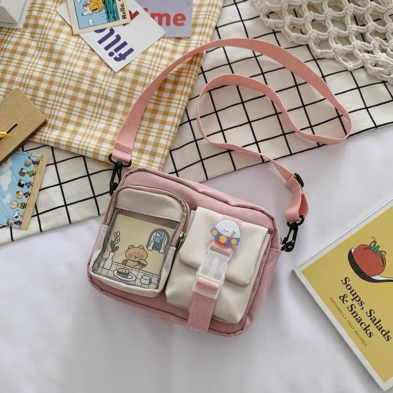 Túi đeo chéo mini vải canvas có bóng kính thời trang unisex cá tính