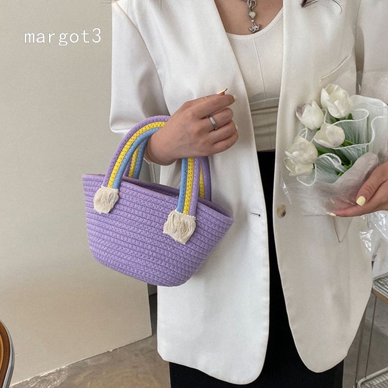 Túi Xách cotton Đan Lát Màu Cầu Vồng Dễ Thương Cho Nữ