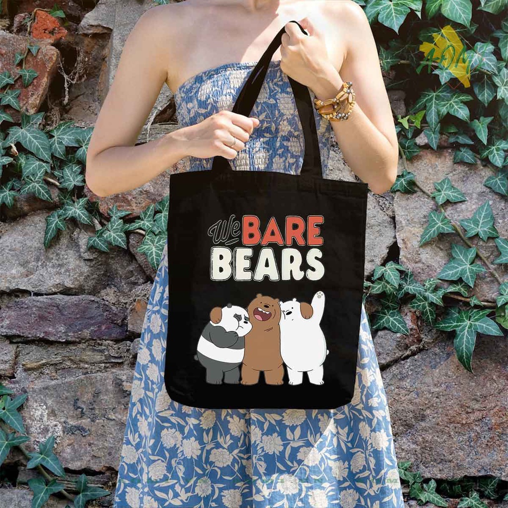 (nhiều mẫu) TOTE CANVAS GẤU WE ARE BEARS TÚI VẢI ĐEO VAI BAG KHÓA KÉO SIZE LỚN 33x38cm AOMIVN MÀU ĐEN TRẮNG