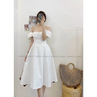 ĐẦM NƠ RỚT VAI TRẮNG KEM ĐEN