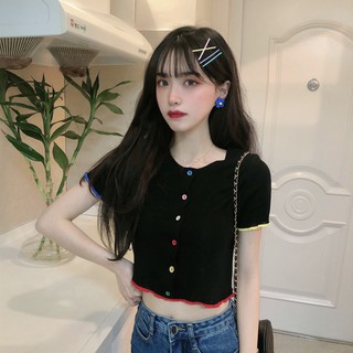 Áo croptop len mỏng nút màu Freesize