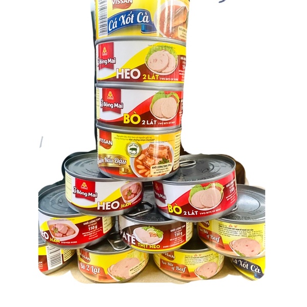 Đồ Hộp VISSAN 150g - ca xốt cà- heo 2 lát - bò 2 lát-heo hầm-pate thịt heo-