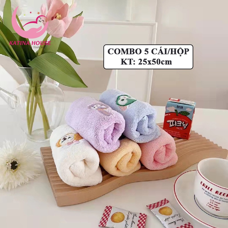Khăn lau mặt cho bé lông cừu san hô mềm mịn siêu dễ thương KT 25x50cm, combo 5cái/hộp