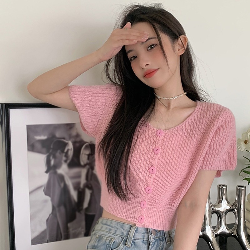 Áo Cardigan Ngắn Dáng Ôm Màu Sắc Trơn Cài Nút Phong Cách Hàn Quốc Thời Trang Cho Nữ