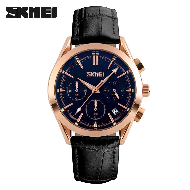 Đồng hồ nam SKMEI dây da cao cấp mặt tròn 40mm chạy 6 kim dạ quang có lịch ngày chống xước chống nước tuyệt đối 9127