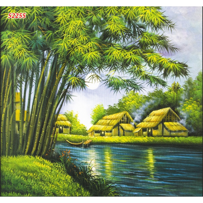 Tranh Dán Tường 3D Đồng Quê Cầu Tre Xuối Nước Xanh Biếc, Lũy tre làng, ao làng, dòng suối nhỏ