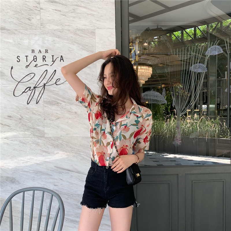 Áo sơ mi GENAISHA tay ngắn cổ chữ V họa tiết hoa thời trang duyên dáng cho nữ
