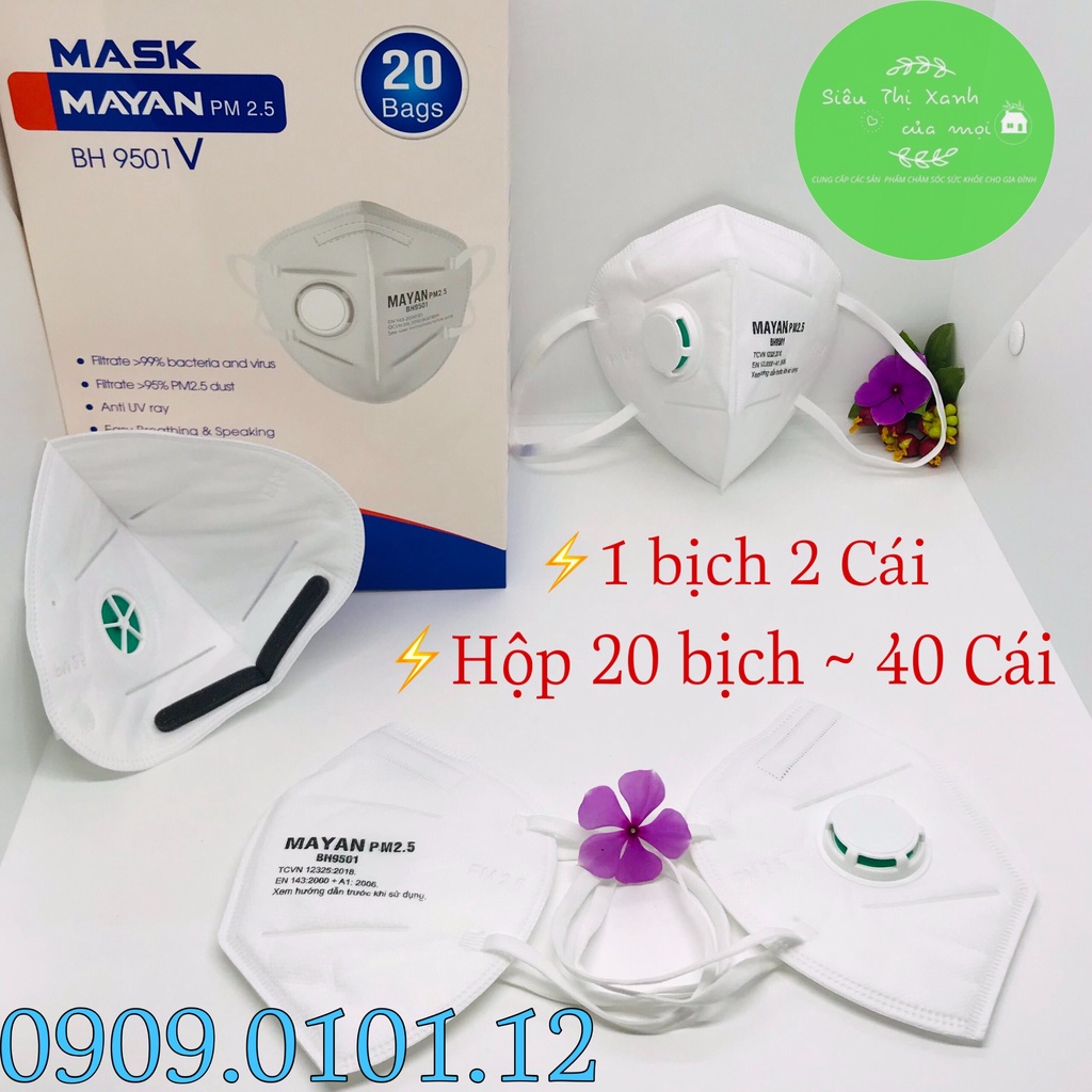 Khẩu trang n95 có van thở đệm mũi (10 cái), Kn95 chính hãng Mayan pm2.5 BH9501v lớp lọc kháng khuẩn than hoạt tính