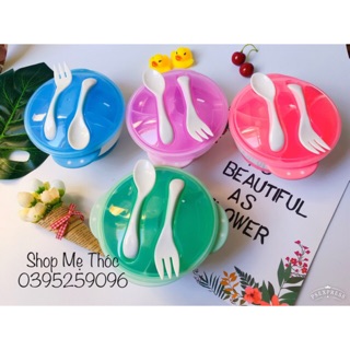 Bộ 4 chi tiết: Bát ăn dặm chống đổ, khay 3 ngăn, thìa, dĩa cho bé ăn dặm