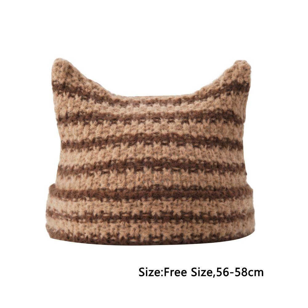 Mũ Len Beanie Nhật Bản Kẻ Sọc Đính Tai Mèo Dễ Thương Cho Nam Và Nữ