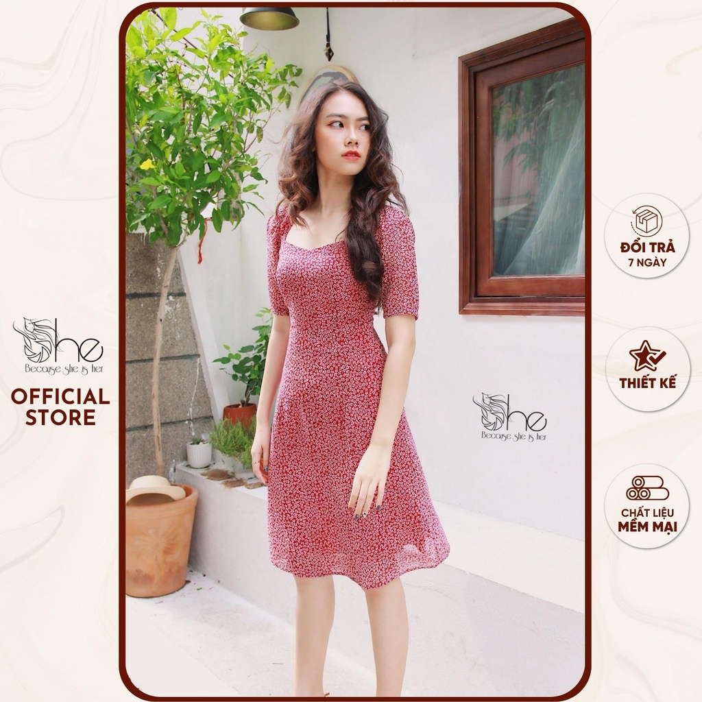 Đầm hoa cổ vuông thiết kế She, đầm nữ đi làm basic đơn giản SDX88