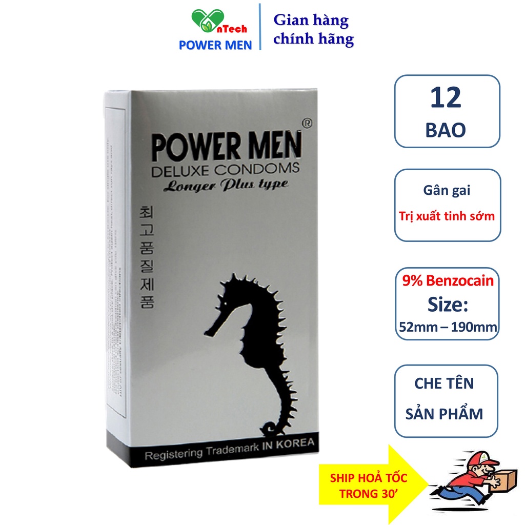 Bao cao su POWER MEN LONGER PLUS gân gai tăng khoái cảm kéo dài thời gian có 9% Benzocain hạn chế xuất tinh sớm 12 bao