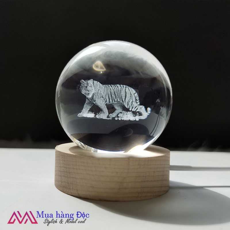 Bộ Quà Tặng Quả Cầu Pha Lê 3D larser LED 12 Con Giáp Tuổi Dần