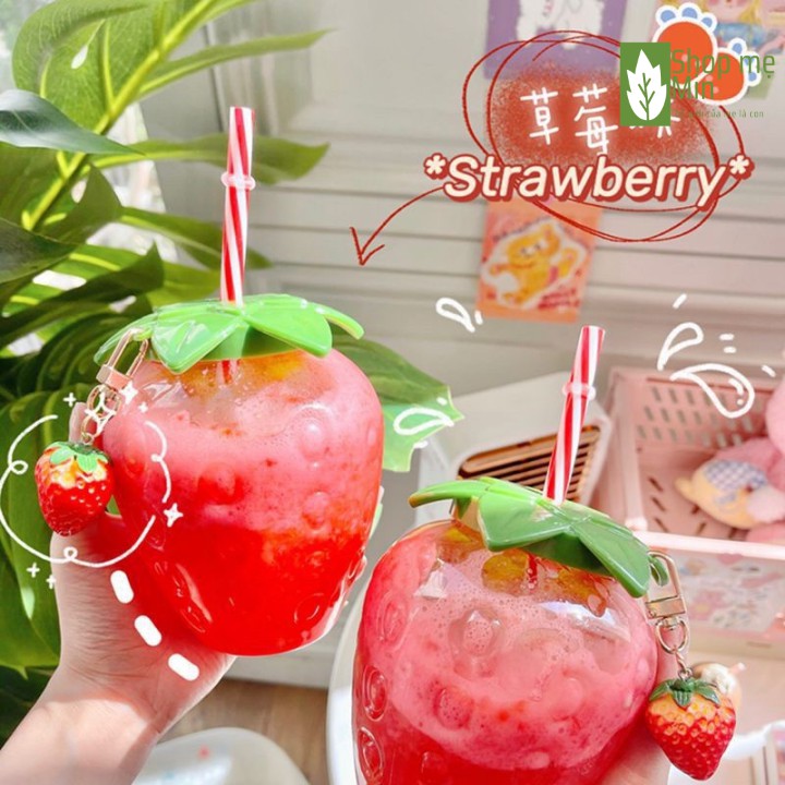 Cốc nước hình quả dâu tây kute, Ly dâu tây 500ml có ống hút và móc khóa trang trí hình dâu tây - MIN55 | BigBuy360 - bigbuy360.vn